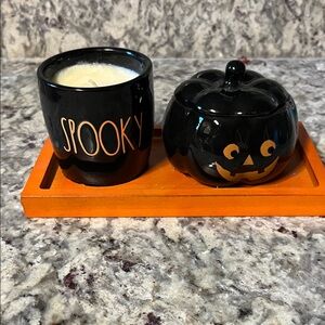 Rae Dunn Black and Orange Halloween Ceramic Candle Set